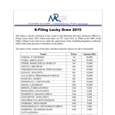 Document preview: Celebrating the E-Filing Lucky Draw 2015 Winners — Government & admin (CERFA n°EFilingDraw290415)