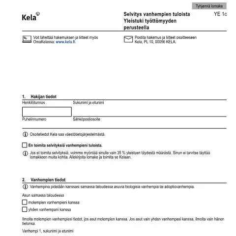 Document preview: Yleistuki työttömyyden aikana ja vanhempien taloudellinen tilanne — Työ & työllisyys (CERFA n°Kela YE 1c)