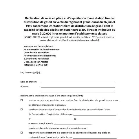 Aperçu du document Implantation d'une station de distribution de gasoil : enjeux et — Démarches administratives (CERFA n°declaration-station-distribution-gasoil)