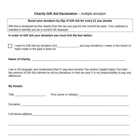 Document preview: Gift Aid Declaration Forms for Multiple Donations: Complete UK Guide — Taxes