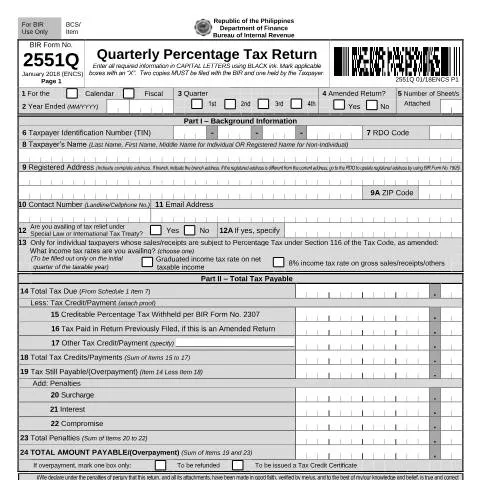 Document preview: A Comprehensive Guide to BIR Form No. 2551Q for Business Owners — Taxes (CERFA n°2551Q)