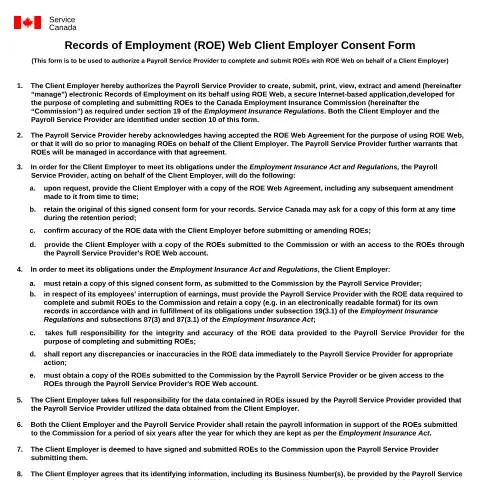 Document preview: Understanding the ROE WEB Client Employer Consent Form — Work & employment (CERFA n°INS5238)