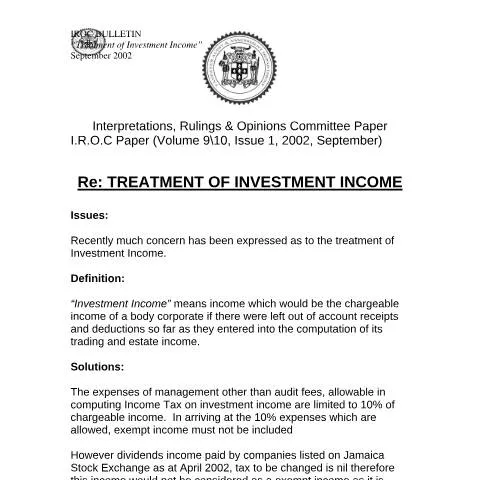 Document preview: Understanding Jamaica's 2002.IROC.IT Investment Income Form — Taxes (CERFA n°2002.iroc.it+-+treatment+of+investment+income)