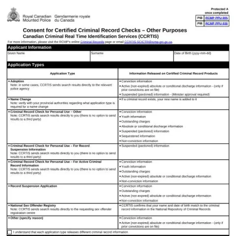 Document preview: Understanding the RCMP Consent for Criminal Record Checks for Other — Legal & justice (6676e)