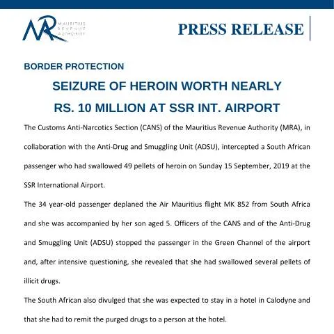 Document preview: Critical Insights on Heroin Seizure at SSR International Airport — Government & admin (PressRelease250919)
