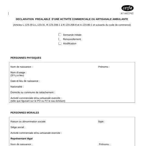 Aperçu du document Activité ambulante : comprendre la déclaration préalable obligatoire — Démarches administratives (CERFA n°14022*02)