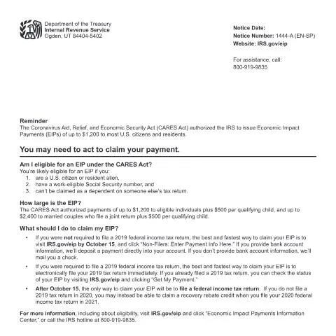Document preview: Understanding IRS Notice 1444-A for Economic Impact Payments — Taxes