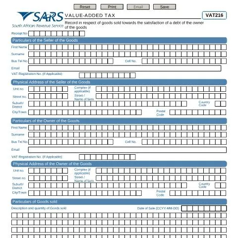 Document preview: Navigating the VAT216 Form for Goods Sold in South Africa — Taxes (CERFA n°VAT216)