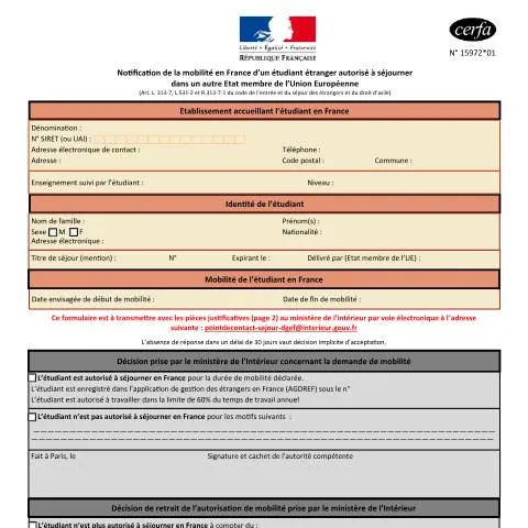 Aperçu du document Demande de mobilité étudiante : passer d'un pays européen à la France — Immigration & visas (CERFA n°15972*01)