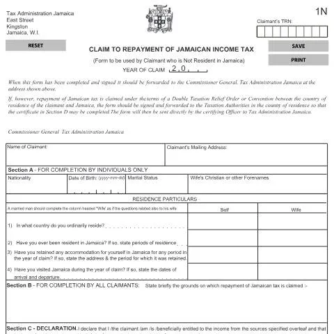 Document preview: Understanding the 1N Claim Form for Jamaican Income Tax Refunds — Taxes (CERFA n°1n)