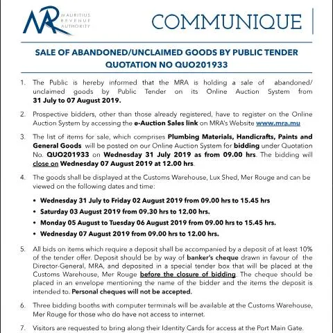 Document preview: Explore the Sale of Unclaimed Goods by Public Tender — Government & admin (Communique33of2019)