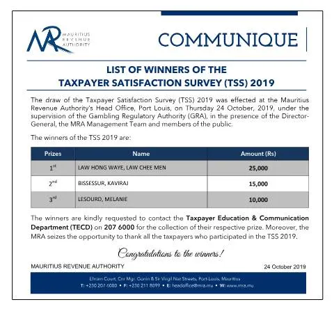 Document preview: Winners of the 2019 Taxpayer Satisfaction Survey Revealed — Government & admin (TSSDraw2019)