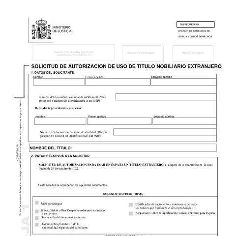 Vista previa del documento Modelo de Solicitud para Títulos Nobiliarios Extranjeros — Trámites administrativos