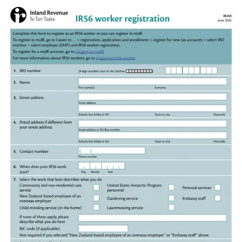 Document preview: Essential Guide to the IR56 Worker Registration Form (IR359) — Taxes (CERFA n°IR359)