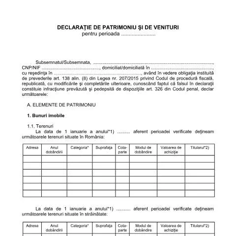 Document preview: Importanța Declarației de patrimoniu și venituri în România — Impozite & fiscalitate (CERFA n°DeclaratiePatrimoniu_2016)