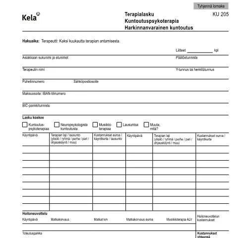 Document preview: Kuntoutuspsykoterapia ja terapialasku Kela KU 205 — Terveys (CERFA n°Kela KU 205)