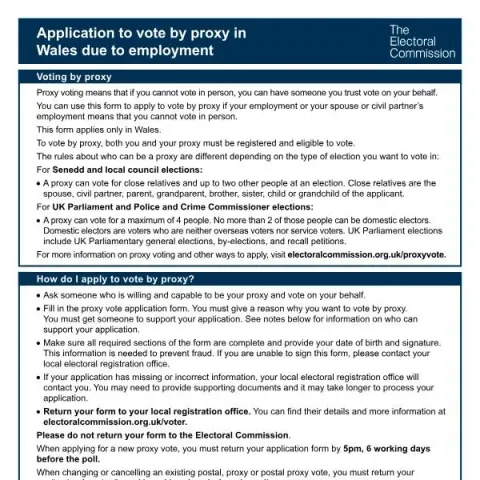 Document preview: Applying for Proxy Voting in Wales Due to Employment — Government & admin (PR-WORK-W)