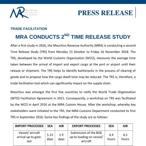 Document preview: Enhancing Trade Efficiency: MRA's 2nd Time Release Study Insights — Government & admin (TRS161018)