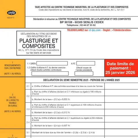 Aperçu du document Contribution au Centre technique de la plasturgie : guide complet — Démarches administratives (CERFA n°15513*11)