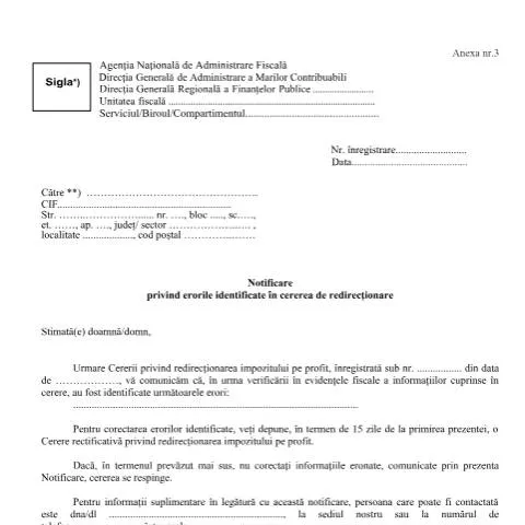 Document preview: Importanța notificării ANAF pentru redirecționarea impozitului — Impozite & fiscalitate (CERFA n°A3_OPANAF_3562_2024)