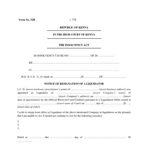 Document preview: Navigating Form F32H: A Key Step in Kenyan Insolvency — Government & admin (CERFA n°f32h)