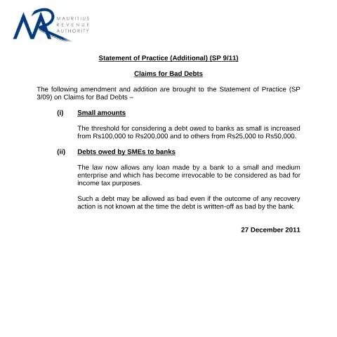 Document preview: Navigating Bad Debt Claims with SP 09/11 — Government & admin (CERFA n°StatementOfPractice9ClaimsBadDebts)