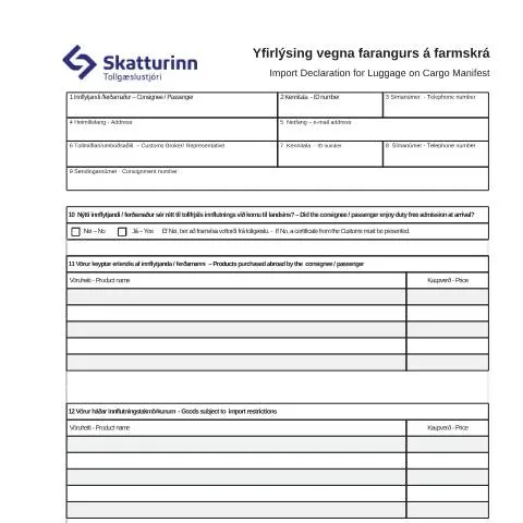 Document preview: Leiðbeiningar um innflutning farangurs á Íslandi — Tollur & innflutningur (CERFA n°TS-105)