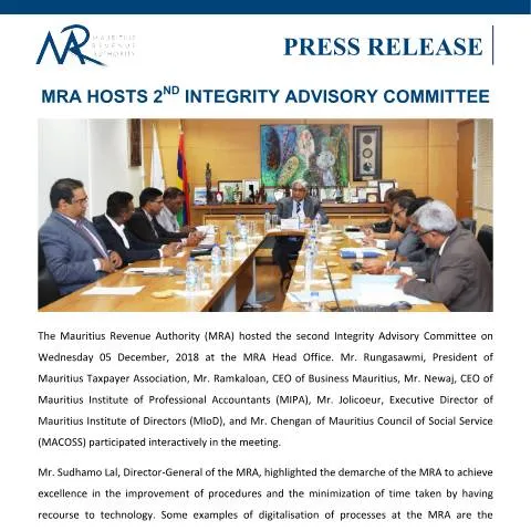 Document preview: Key Outcomes from the MRA's 2nd Integrity Advisory Committee Meeting — Government & admin (IntegrityAdvisoryCommitteeMeeting071218)