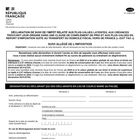 Aperçu du document Exit tax : comprendre la déclaration de suivi allégé 15901*08 — Impôts & fiscalité (CERFA n°15901*08)