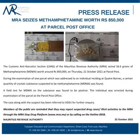 Document preview: Understanding the MRA's Recent Methamphetamine Seizure — Government & admin (PressRelease221021)