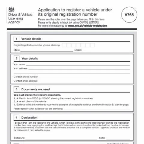 Document preview: How to Register Your Vehicle Under Its Original Number with V765 — Vehicle & driving