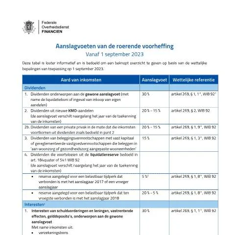 Aperçu du document Comprendre les Aanslagvoeten de la Roerende Voorheffing en 2023 — Impôts & fiscalité (CERFA n°167-aanslagvoeten-roerende-voorheffing-20230901)