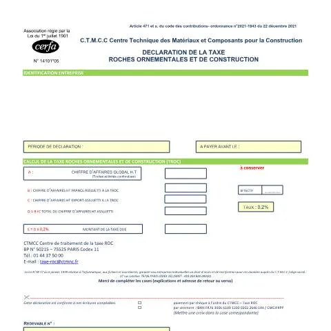 Aperçu du document Déclaration trimestrielle taxe roches ornementales et construction — Démarches administratives (CERFA n°14101*05)