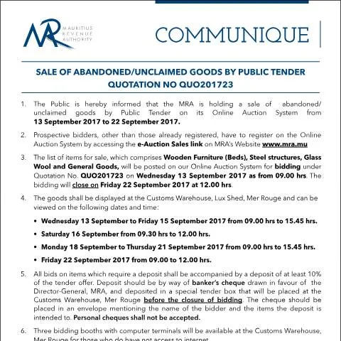 Document preview: Navigating the Sale of Unclaimed Goods in Mauritius — Government & admin (CommuniqueQ23of2017)