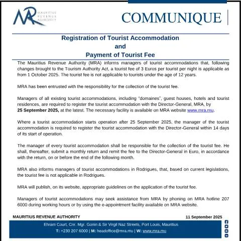 Document preview: Guide to Tourist Accommodation Registration and Fee in Mauritius — Government & admin (CoTouristFee11092025)