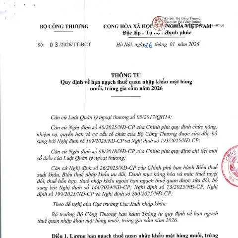 Document preview: Quy định mới về hạn ngạch thuế quan nhập khẩu năm 2026 — Thủ tục hành chính (CERFA n°03/2026/TT-BCT)
