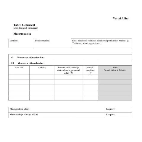 Document preview: Vorm A Tabel 6.3 Lisaaleht: Täitmise juhised ja nõuded — Maksud ja maksustamine (CERFA n°VORM A TABEL 6.3 LISALEHT)