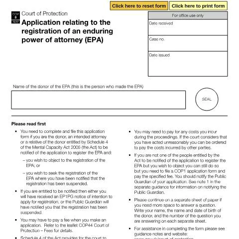 Document preview: Navigating Form COP8 for Enduring Power of Attorney Registration — Legal & justice