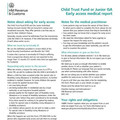 Document preview: Terminal Illness Early Access: Child Trust Fund and Junior ISA Medical — Health