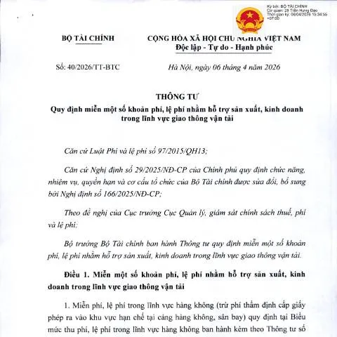 Document preview: Thông tư số 40/2026/TT-BTC: Giảm gánh nặng cho doanh nghiệp giao thông — Thủ tục hành chính (CERFA n°40/2026/TT-BTC)