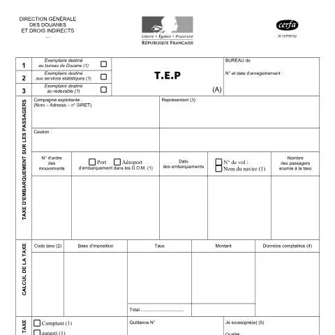 Aperçu du document Régime fiscal de la taxe d'embarquement passagers outre-mer — Démarches administratives (CERFA n°10755*02)
