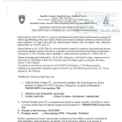 Document preview: Rëndësia e Formularit NJOFTIM I SHITJES ME OFERTA TË MBYLLURA — Procedura administrative