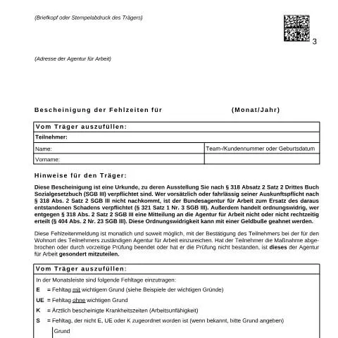 Dokumentvorschau: Bescheinigung von Fehlzeiten für Bildungsträger — Behörden & Verwaltung (CERFA n°bescheinigung-fehlzeit_ba024130)