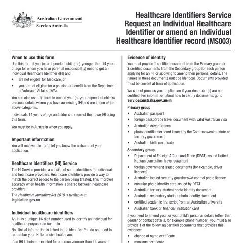 Document preview: Understanding Your Individual Healthcare Identifier (IHI) — Health (CERFA n°MS003)