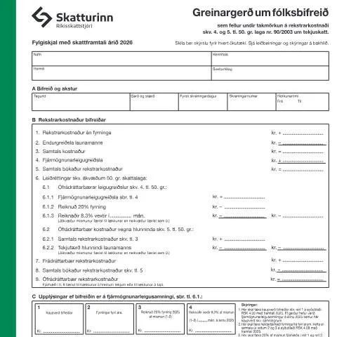 Document preview: Skattframtal 2026: Greinargerð um fólksbifreið — Skattar & fjármál (CERFA n°RSK 4.09)