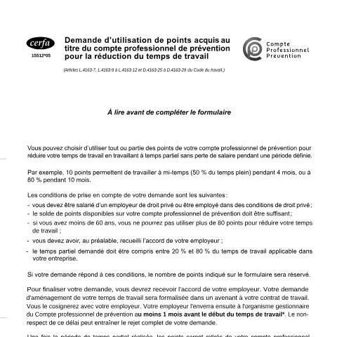 Aperçu du document Comment utiliser ses points C2P pour réduire son temps de travail — Emploi & travail (CERFA n°15511*04)