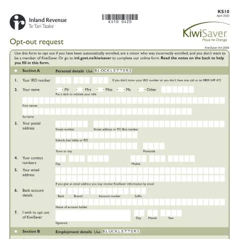 Document preview: Essential Guide to KiwiSaver Opt-Out Request — Taxes (CERFA n°KS10)