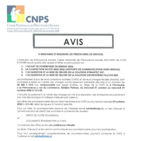 Aperçu du document Quatre Appels d'Offre de la CNPS pour la Prévoyance Sociale — Démarches administratives