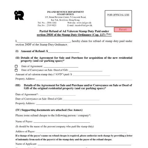 Document preview: Guide to Partial Refund of Ad Valorem Stamp Duty in Hong Kong — Property & real estate (CERFA n°IRSD 125A(E))