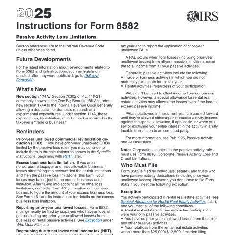 Document preview: Mastering IRS Form 8582: A Guide to Passive Activity Losses — Taxes (CERFA n°INST-8582)